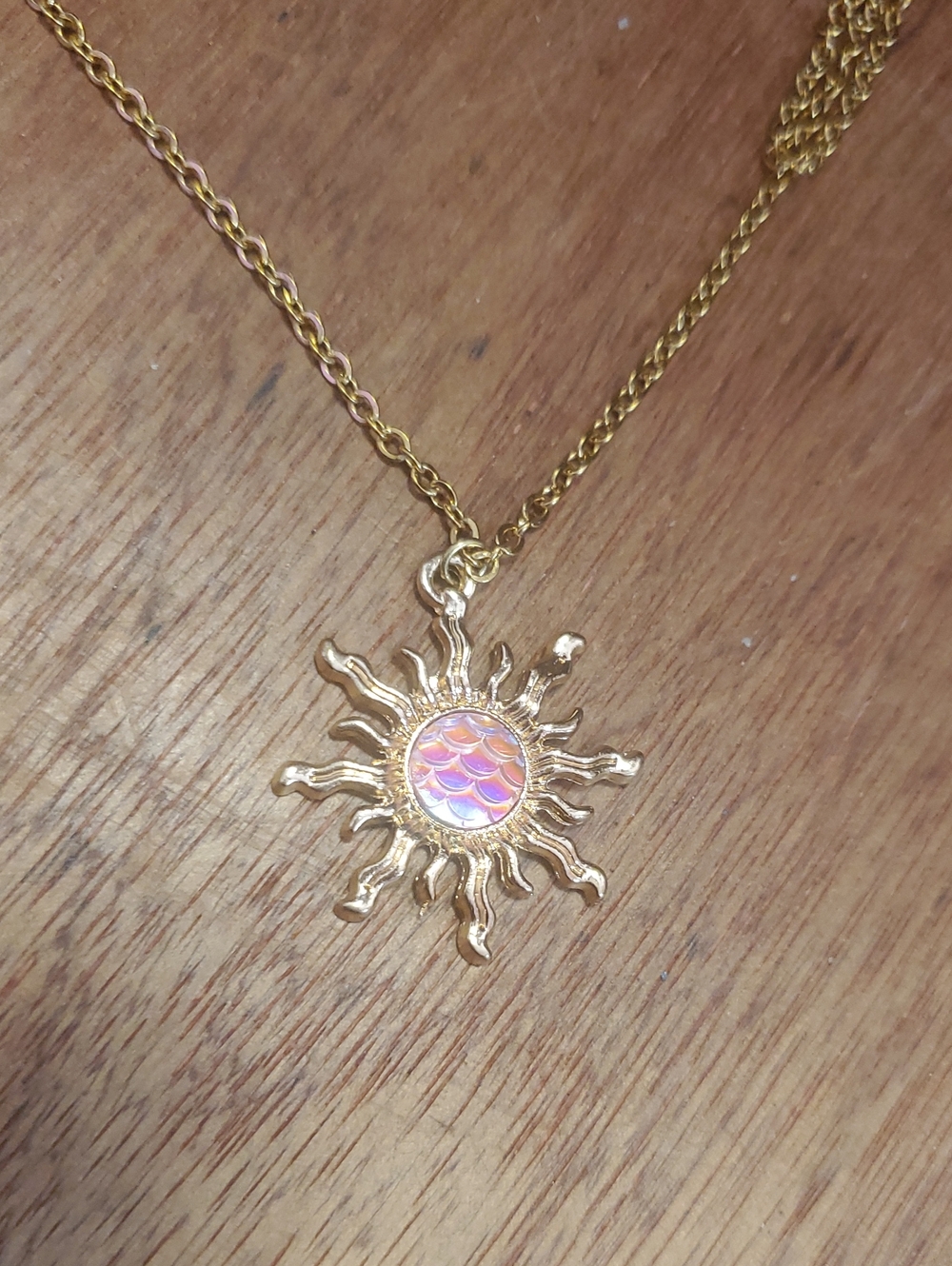 Gold Sunburst Pendant Necklace with Pink Iridescent Center D